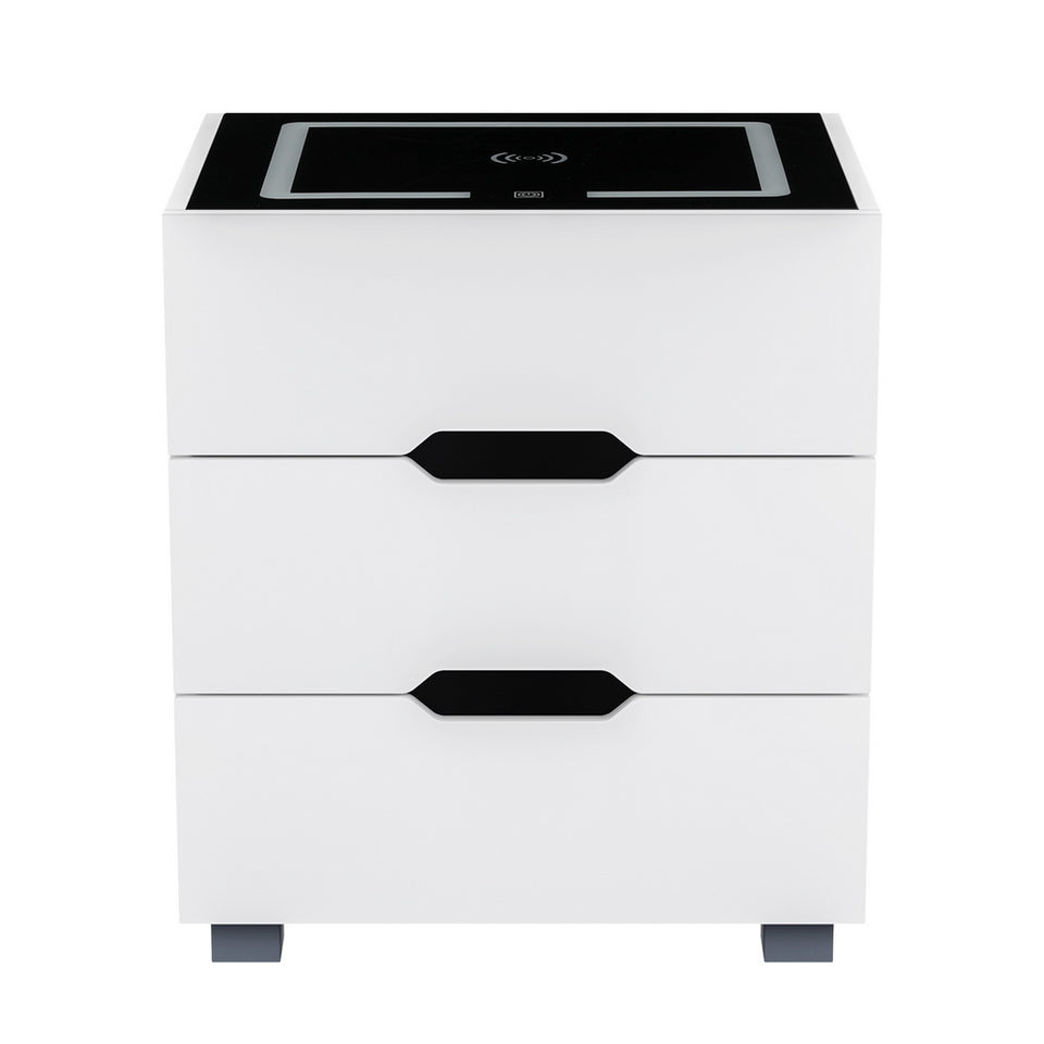 Artiss Smart Bedside Table 3 Drawers with Wireless Charging Ports LED White ADAD