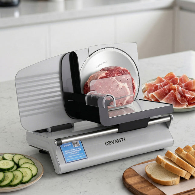 Devanti Meat Slicer Bread Vegetable, 200W Power 0-15mm Adjustable Easy Clean Stable Stainless Steel Blade Food Slicer for Kitchen Commercial, Silver