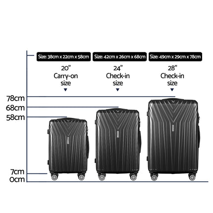 Wanderlite 3 Set Luggage 20-24-28 Inch Suitcase with TSA Lock Carry On Hard Shell Travel Luggage Organiser Case Black