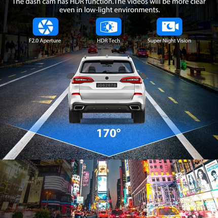 Three-camera dash cam C309, equipped with dual front cameras, an interior camera and a reversing camera - a dash cam for cars. Supports WIFI, loop recording, night vision, motion detection, parking monitoring - suitable for taxis, trucks, SUVs, sedans - c