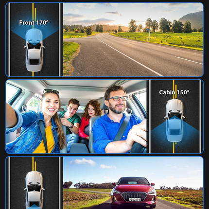 Three-camera dash cam C309, equipped with dual front cameras, an interior camera and a reversing camera - a dash cam for cars. Supports WIFI, loop recording, night vision, motion detection, parking monitoring - suitable for taxis, trucks, SUVs, sedans - c