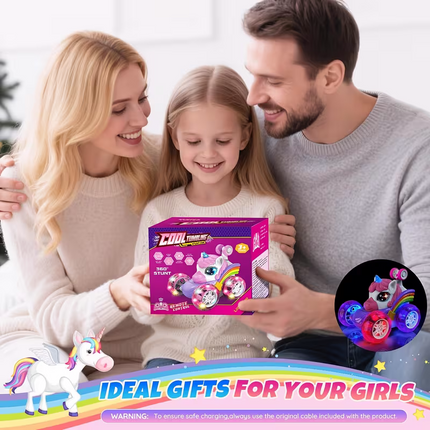 Unicorn remote control car for girls, 360° rotating four-wheel drive stunt remote control car with cute lights, rechargeable toy - children's birthday gift