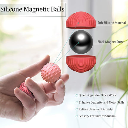 Silicone Magnetic Fidget Balls for Office & Travel – Quiet Sensory Toys to Relieve Stress & Anxiety (Red)