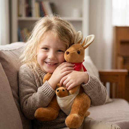 Kangaroo Stuffed Animal with Joey in Pouch & Australia Scarf - Soft Cuddly Plush Toy(32cm,light brown
)| Other Colors Available in Store