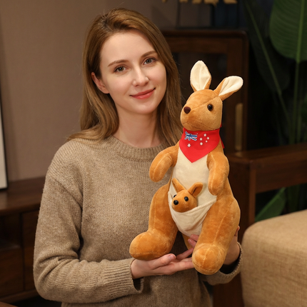 Kangaroo Stuffed Animal with Joey in Pouch & Australia Scarf - Soft Cuddly Plush Toy(32cm,light brown
)| Other Colors Available in Store