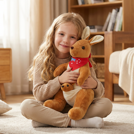 Kangaroo Stuffed Animal with Joey in Pouch & Australia Scarf - Soft Cuddly Plush Toy(55cm, light brown
)| Other Colors Available in Store