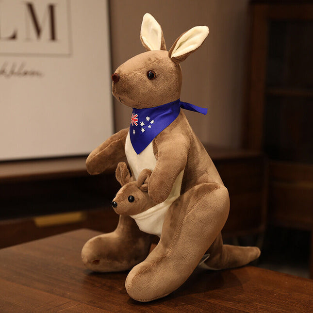 Kangaroo Stuffed Animal with Joey in Pouch & Australia Scarf - Soft Cuddly Plush Toy(45cm, Dark brown
)| Other Colors Available in Store