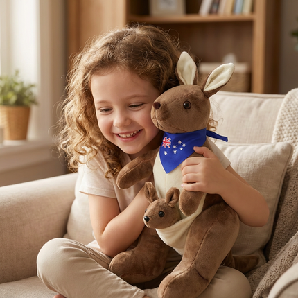Kangaroo Stuffed Animal with Joey in Pouch & Australia Scarf - Soft Cuddly Plush Toy(45cm, Dark brown
)| Other Colors Available in Store