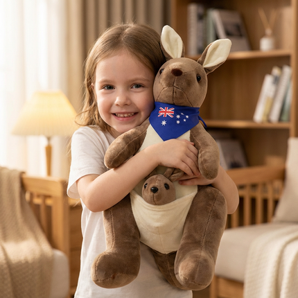 Kangaroo Stuffed Animal with Joey in Pouch & Australia Scarf - Soft Cuddly Plush Toy(55cm, Dark brown
)| Other Colors Available in Store