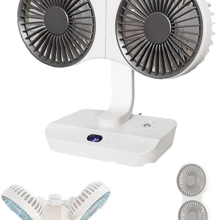 Dual-Head Auto-Oscillating Desktop Fan for Office & Bedroom, USB Rechargeable Portable Cooling with LED Display (White)