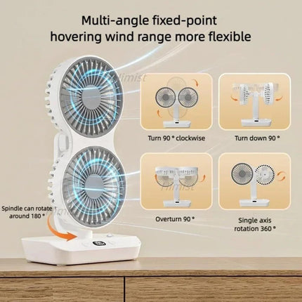 Dual-Head Auto-Oscillating Desktop Fan for Office & Bedroom, USB Rechargeable Portable Cooling with LED Display (White)