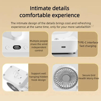 Dual-Head Auto-Oscillating Desktop Fan for Office & Bedroom, USB Rechargeable Portable Cooling with LED Display (White)