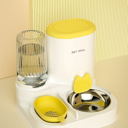 2-in-1 Automatic Cat Feeder and Water Dispenser for Pets, Compatible with Cats and Dogs, Yellow
