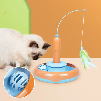 2 In 1 Pet Cat Toy With Feather For Self-play, Cat Turntable - Orange Blue