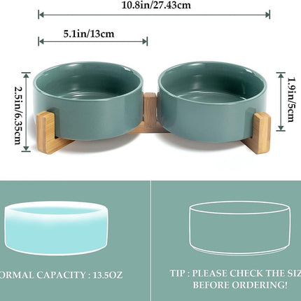 Cat Litter Box - Dog Bowl - Ceramic Food Bowl Set for Cat and Dog - With Wooden Base, Modern and Cute Design, Weighted and Non-Slip - Suitable for food and water - Suitable for cats, small dogs, and puppies (Capacity: 390 ml / Diameter: 13 cm)
