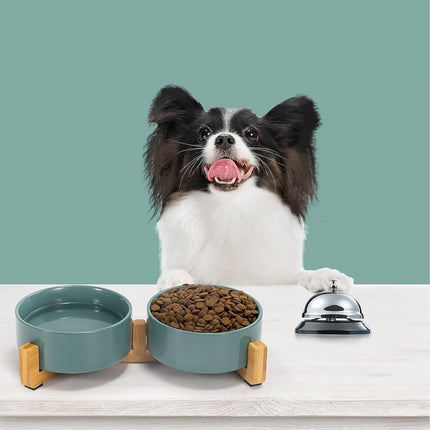 Cat Litter Box - Dog Bowl - Ceramic Food Bowl Set for Cat and Dog - With Wooden Base, Modern and Cute Design, Weighted and Non-Slip - Suitable for food and water - Suitable for cats, small dogs, and puppies (Capacity: 390 ml / Diameter: 13 cm)