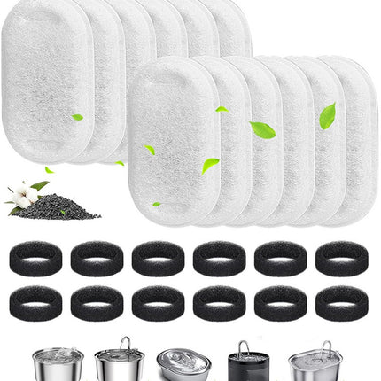 Cat Drinking Fountain Filters - 24 x Cat Fountain Filters - Filter Cartridges for Pet Water Dispensers - Drinking Fountain Filter Refills - Water Filter & Sponge Filter - Cat Water Fountain Accessories - 12 Cat Fountain Filters and 12 Pump Sponges