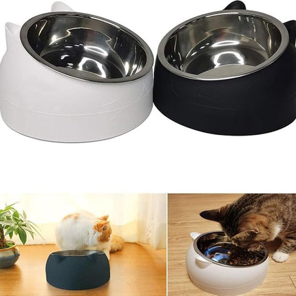 2 pieces - food bowls for cats - Dog food bowl - black, white - 200 ml - Drinking bowl for dogs and cats - Stainless steel - With cat head shape