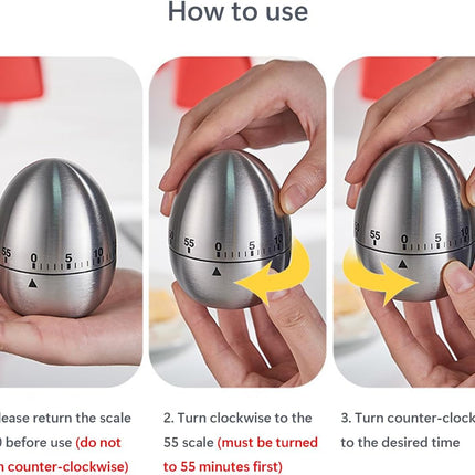 Egg Timer - Kitchen Timer - Analogue Kitchen Timer - Mechanical Kitchen Timer - Timer - Egg - Stainless Steel