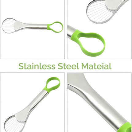 Avocado Slicer – 3-in-1 Avocado Cutting and Pitting Tool – Stainless Steel Pitter, Slicer and Spoon – Multifunctional Fruit Slicer with Green Handle – Kitchen Tool