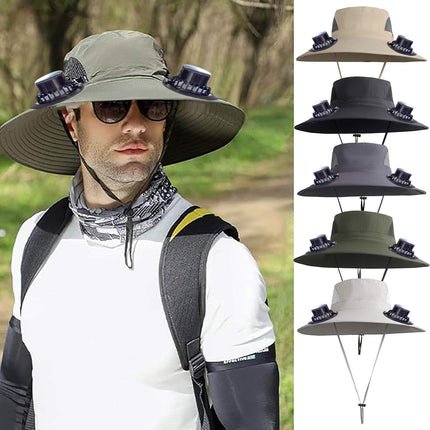 PALIFEUR Wide Brim Solar Fan Hat with 2 Solar Fan, Fan Built in Hat with Fans Solar Power, Solar Powered Fan Hat for Outdoor Fishing Travel, 3 Speed Adjustable Fan Hat Black