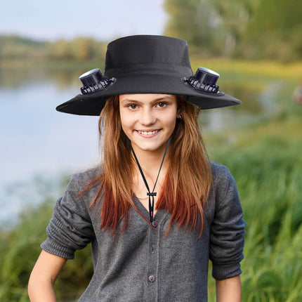 PALIFEUR Wide Brim Solar Fan Hat with 2 Solar Fan, Fan Built in Hat with Fans Solar Power, Solar Powered Fan Hat for Outdoor Fishing Travel, 3 Speed Adjustable Fan Hat Black