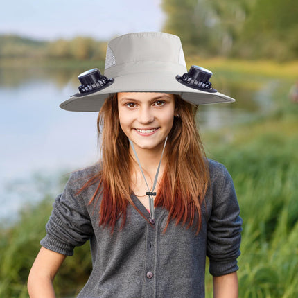 PALIFEUR Wide Brim Solar Fan Hat with 2 Solar Fan, Fan Built in Hat with Fans Solar Power, Solar Powered Fan Hat for Outdoor Fishing Travel, 3 Speed Adjustable Fan Hat Gray
