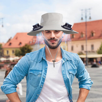 PALIFEUR Wide Brim Solar Fan Hat with 2 Solar Fan, Fan Built in Hat with Fans Solar Power, Solar Powered Fan Hat for Outdoor Fishing Travel, 3 Speed Adjustable Fan Hat Gray
