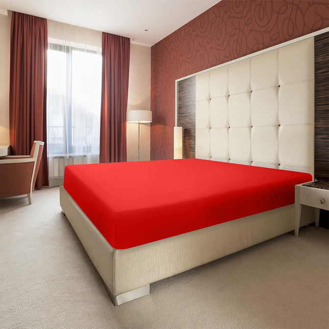 King Size Fitted Sheet, 100% Egyptian Cotton, Deep Pocket Premium Cotton Mattress Sheet,Double Bed Fitted Sheet Piece Non-Slip Fixed Bed Cover, Red