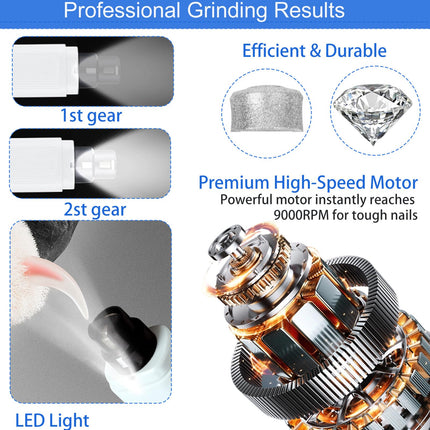 Dog Nail Drill - Electric Nail File - Cat Nail Trimmer - Pet Care - Paw Care - Nail Grinder - Dog Groomer - Animal Nail File - Cordless Design - Rechargeable Battery - With LED Lighting - Silent Motor - White - 1 Piece