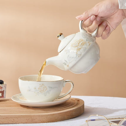 Tea for One Porcelain Teapot and Cup Set, Tea Set for One, Floral Teapot, Gold Rose Tea Set Gift for Women Amazing Shopping