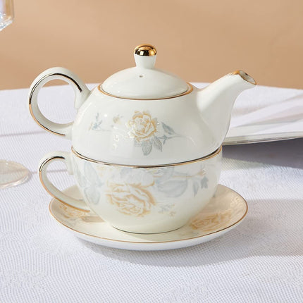 Tea for One Porcelain Teapot and Cup Set, Tea Set for One, Floral Teapot, Gold Rose Tea Set Gift for Women Amazing Shopping