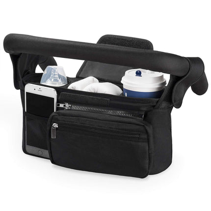 Universal Stroller Organizer with Insulated Cup Holder, Detachable Phone Bag, Shoulder Strap – Fits All Stroller Types, Keeps Drinks Hot/Cold (Black)