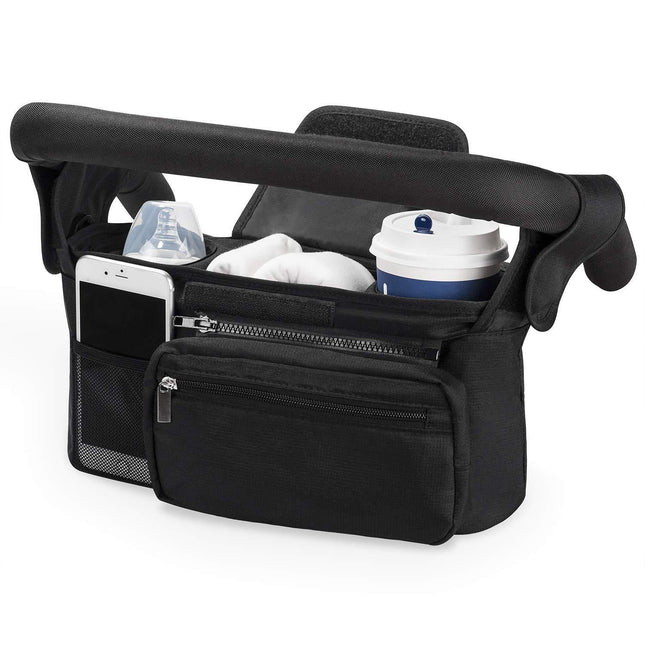 Universal Stroller Organizer with Insulated Cup Holder, Detachable Phone Bag, Shoulder Strap – Fits All Stroller Types, Keeps Drinks Hot/Cold (Black)
