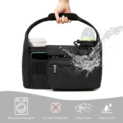 Universal Stroller Organizer with Insulated Cup Holder, Detachable Phone Bag, Shoulder Strap – Fits All Stroller Types, Keeps Drinks Hot/Cold (Black)