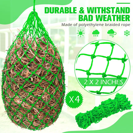 4 Pcs Hay Bags for Horses 40 Inch Slow Feed Hay Nets Bag for Horses Goats Sheep Oxford Hanging Feeder Feeding Supplies for Trailer and Stall Easy to Fill and Hang(Green)