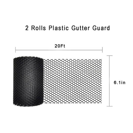 2-Pack Plastic Gutter Guard Mesh Roll 6” x 20Ft Rain Gutter Leaf Guard-Stop Clogged Gutters-with in total 20 Clip Fixed Hooks.DIY Gutter Protection.