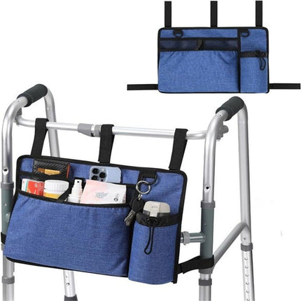 Bag Basket with Cup Holder Suit for Adult Folding Walkers Rollator Organizer Carry Storage Pouch Water-Resistant Armrest Accessories for Seniors, Elderly, Handicap, Blue