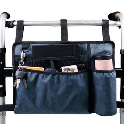 Bag Basket with Cup Holder Suit for Adult Folding Walkers Rollator Organizer Carry Storage Pouch Water-Resistant Armrest Accessories for Seniors, Elderly, Handicap, Blue