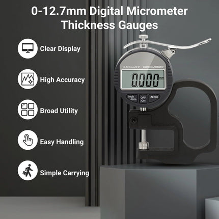 Digital Thickness Gauge, Thickness Micrometer Meter, 0 to 12.7mm Digital Display Measuring Tool with LCD Display, for Paper Film (0.001mm Accuracy)