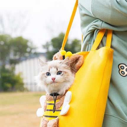 Bee-Shaped Show Head Pet Canvas Shaped Shoulder Bag，Pet Out Bag, Outcrop, Pet Out Shoulder Bag. (Bee-Large)
