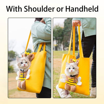 Bee-Shaped Show Head Pet Canvas Shaped Shoulder Bag，Pet Out Bag, Outcrop, Pet Out Shoulder Bag. (Bee-Large)