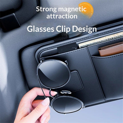 Car Visor Organizer, Premium Leather Sunglasses & Card Holder for Cars, Registration/Insurance Slot, Credit Card Pockets, Automotive Interior Organizer for Car Sun Visor (Black Leather)