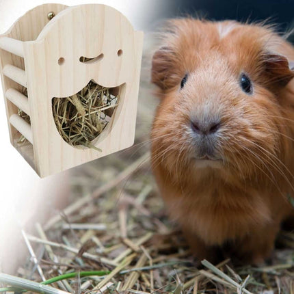 Rabbit Hay Feeder Rack Wood Grass Holder Less Wasted Hay Box Food Feeding Manger Hanging Hay Dispenser for Bunny Chinchilla Guinea Pigs Small Animals（Smiling Grass Frame）