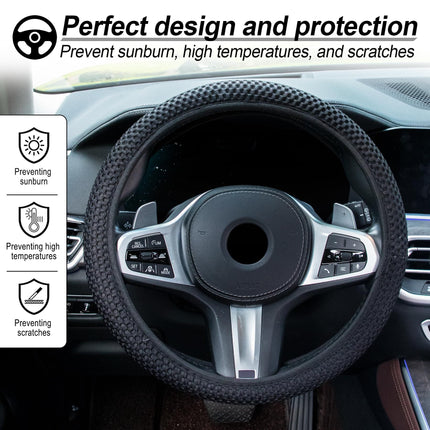 Elastic Stretch Steering Wheel Cover,Warm in Winter and Cool in Summer, Universal 15 inch, Microfiber Breathable Ice Silk, Anti-Slip, Odorless, Easy Carry,Black