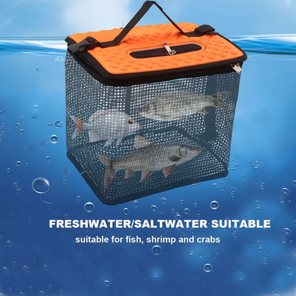 Floating Fish Basket for Live Caught,  Foldable Fishing Holder Bucket Portable Collapsible Fishing Net Storage Cage for Live Fish Bait Live Well（28.45*22.1*24.89cm)
