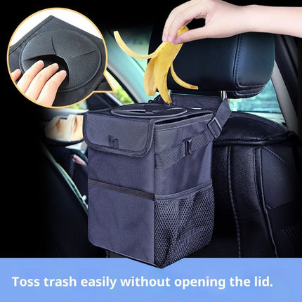 Car Garbage can with lid Leak Proof Vehicle Trash Can Storage Pockets Hanging Waterproof car Trash Bag for SUV Black