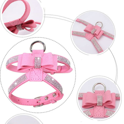 Bling Dog Harness for Girls, Cat Vest Harnesses with Bow Tie Puppy Kitty Cute Fancy Sparkling Pretty Crystal Diamond for Small Pet  Chihuahua,Pink S