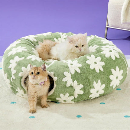 Cat Tunnel Bed for Indoor Cats - Cute Cat Donut Tunnel Toys for Small Large Cats with Washable Circle Cushion, Round Pet Peekaboo Cave Toy for Kitten/Puppy/Rabbit, Standard Flower Garden Green