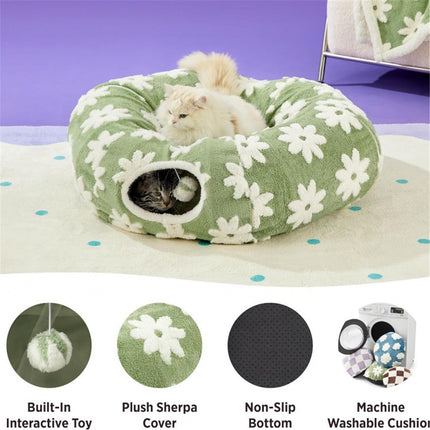 Cat Tunnel Bed for Indoor Cats - Cute Cat Donut Tunnel Toys for Small Large Cats with Washable Circle Cushion, Round Pet Peekaboo Cave Toy for Kitten/Puppy/Rabbit, Standard Flower Garden Green